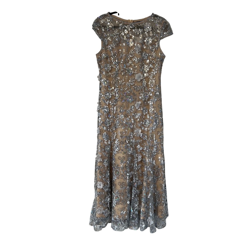 ANEWSTA Silver Sequin Floral Embroidered Midi Dress Cap‎ Sleeve Nude Mesh Size M